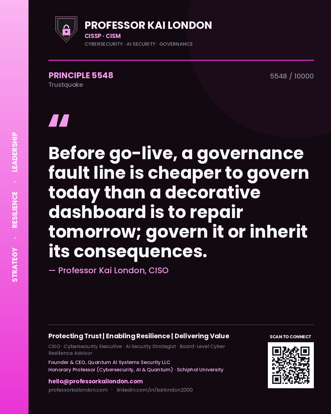 Quote card by Professor Kai London reading 'Before go-live, a governance fault line is cheaper to govern today than a decorative dashboard is to repair tomorrow; govern it or inherit its consequences.'. From the book Trustquake.