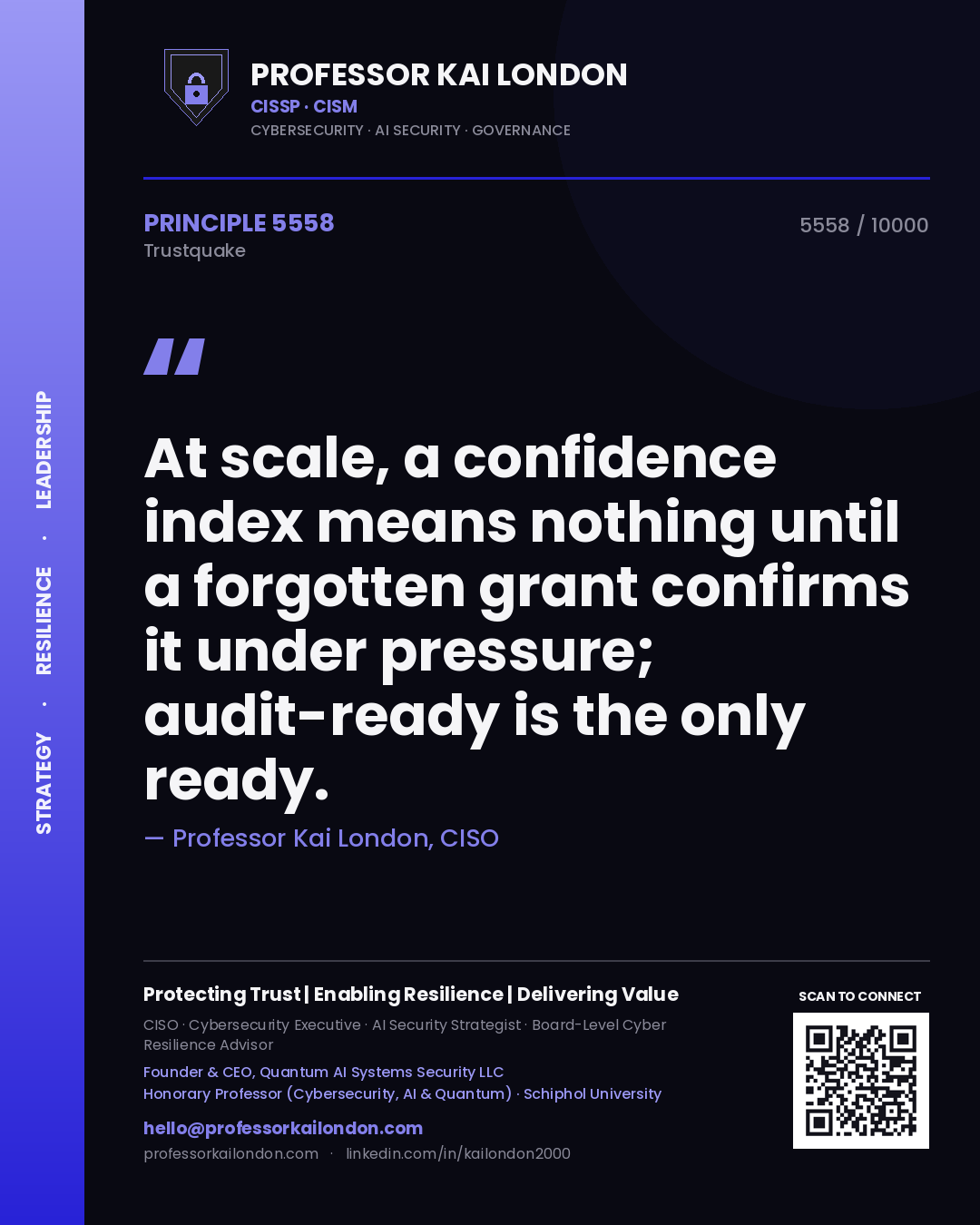 Quote card by Professor Kai London reading 'At scale, a confidence index means nothing until a forgotten grant confirms it under pressure; audit-ready is the only ready.'. From the book Trustquake.