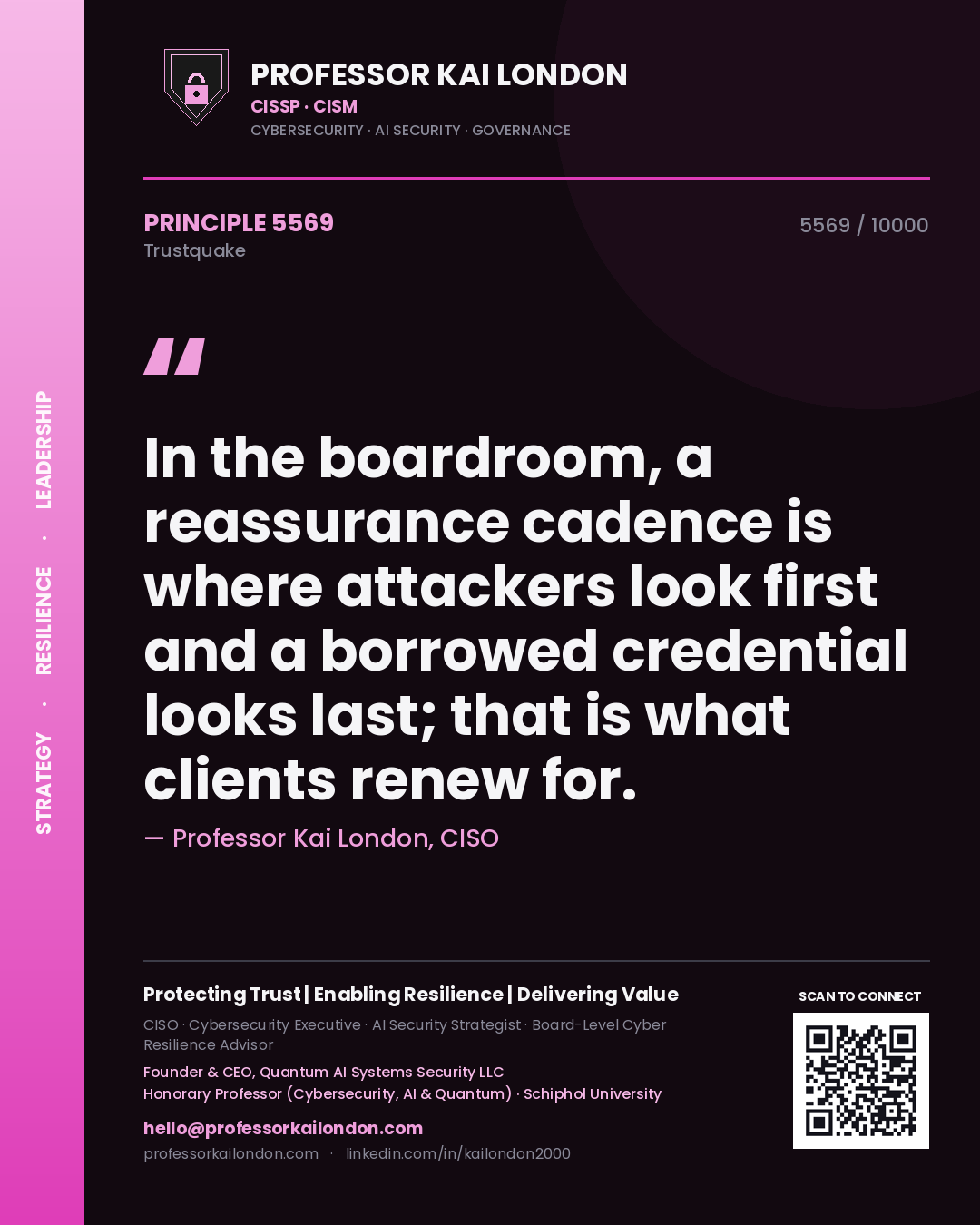 Quote card by Professor Kai London reading 'In the boardroom, a reassurance cadence is where attackers look first and a borrowed credential looks last; that is what clients renew for.'. From the book Trustquake.