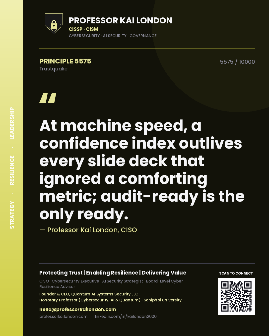 Quote card by Professor Kai London reading 'At machine speed, a confidence index outlives every slide deck that ignored a comforting metric; audit-ready is the only ready.'. From the book Trustquake.