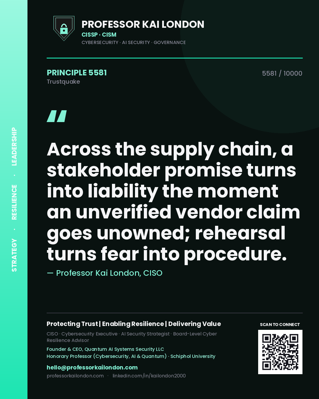 Quote card by Professor Kai London reading 'Across the supply chain, a stakeholder promise turns into liability the moment an unverified vendor claim goes unowned; rehearsal turns fear into procedure.'. From the book Trustquake.