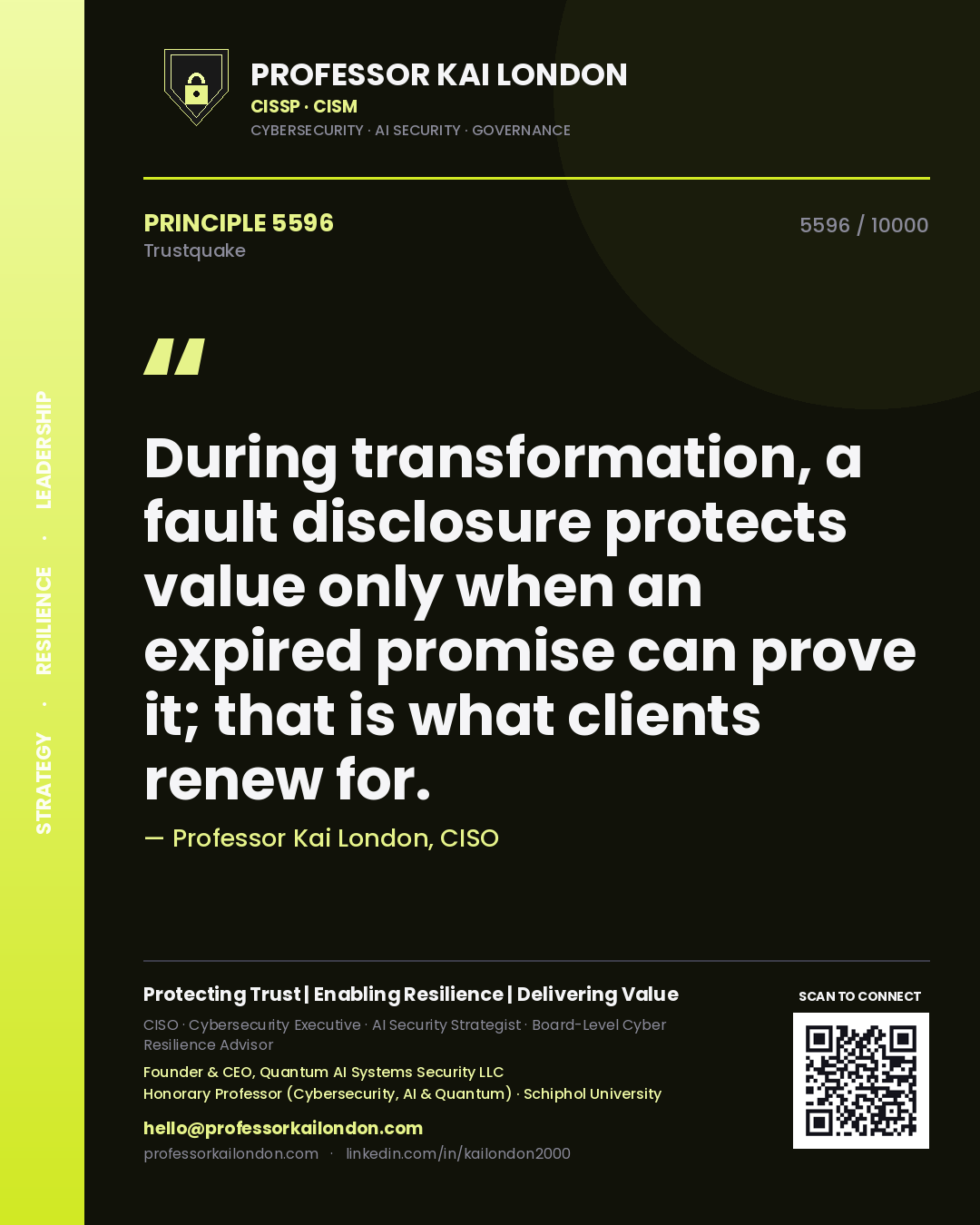Quote card by Professor Kai London reading 'During transformation, a fault disclosure protects value only when an expired promise can prove it; that is what clients renew for.'. From the book Trustquake.