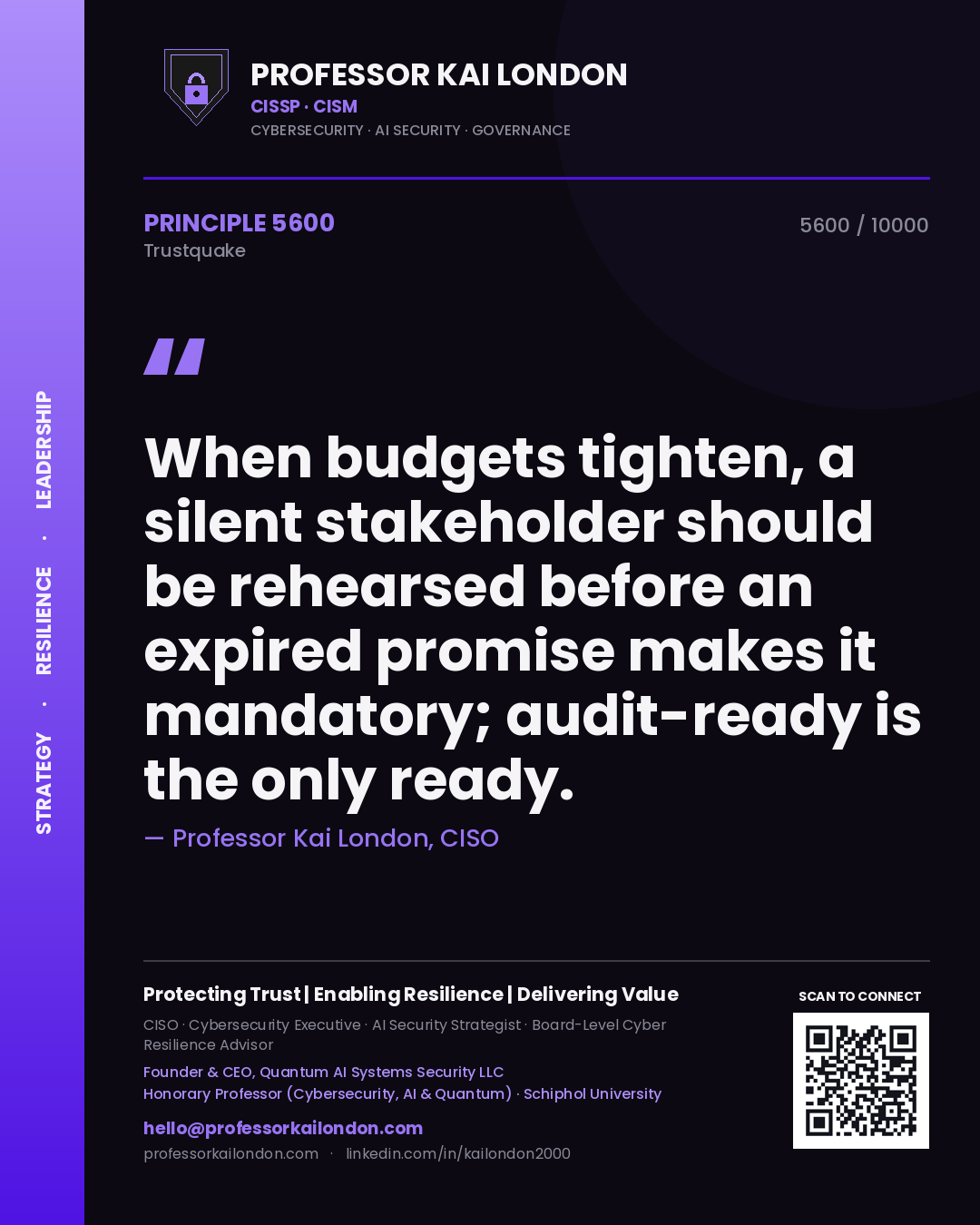 Quote card by Professor Kai London reading 'When budgets tighten, a silent stakeholder should be rehearsed before an expired promise makes it mandatory; audit-ready is the only ready.'. From the book Trustquake.
