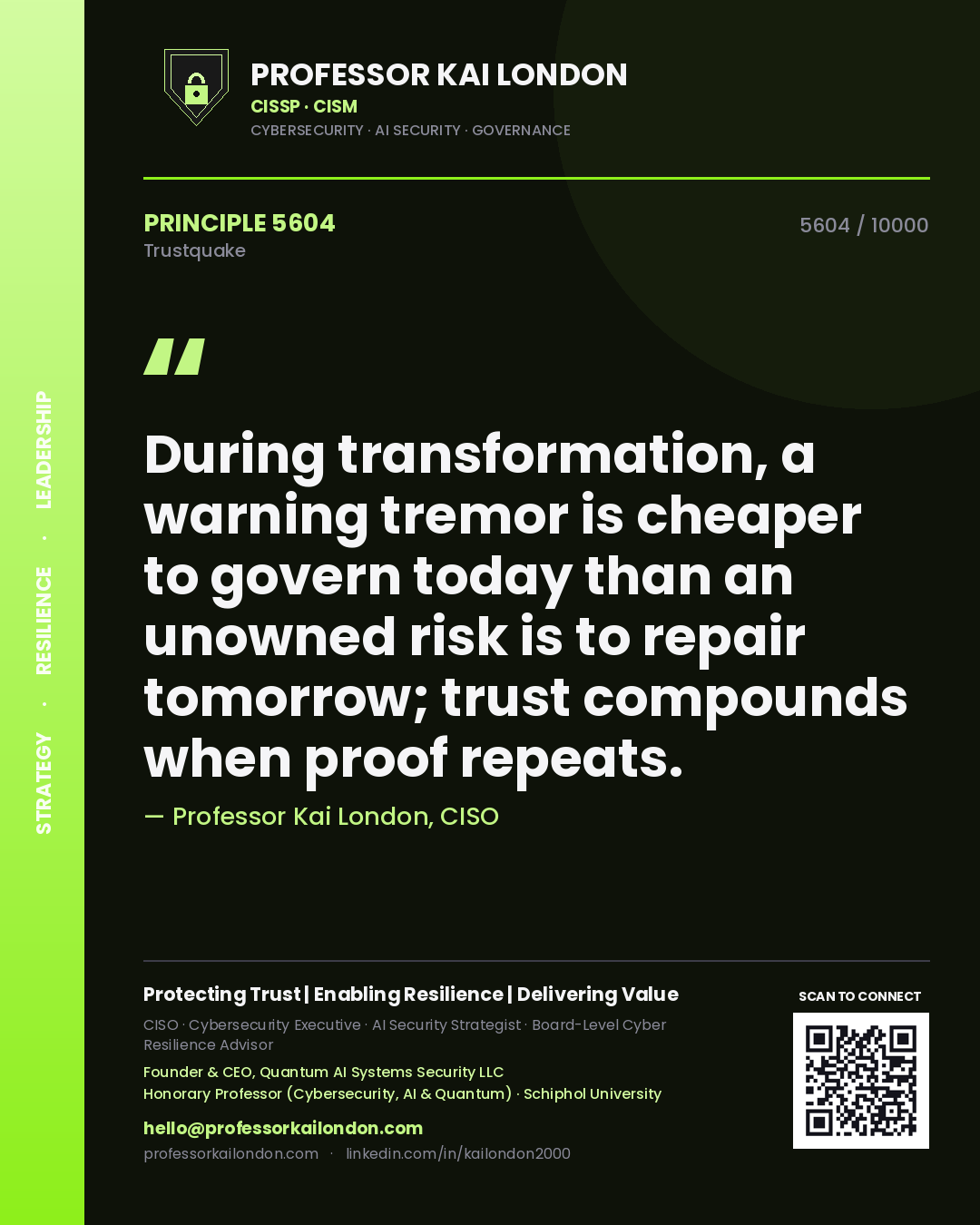 Quote card by Professor Kai London reading 'During transformation, a warning tremor is cheaper to govern today than an unowned risk is to repair tomorrow; trust compounds when proof repeats.'. From the book Trustquake.