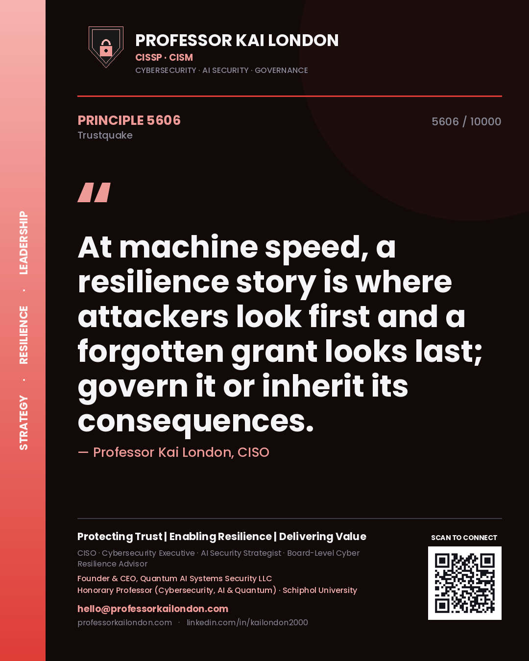 Professor Kai London principle 5606: At machine speed, a resilience story is where attackers look first and a forgotten grant looks last; govern it or inherit its consequences.
