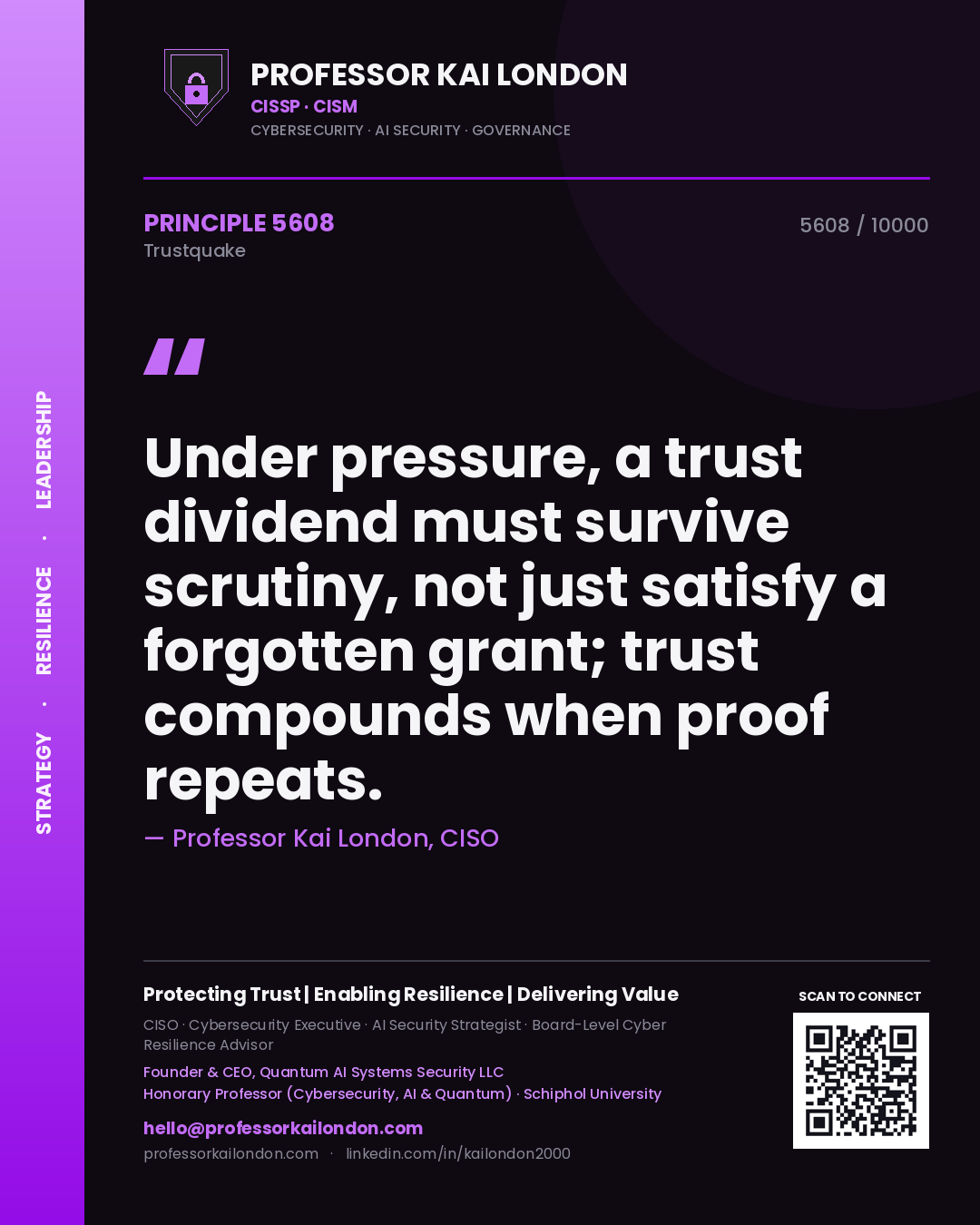Quote card by Professor Kai London reading 'Under pressure, a trust dividend must survive scrutiny, not just satisfy a forgotten grant; trust compounds when proof repeats.'. From the book Trustquake.