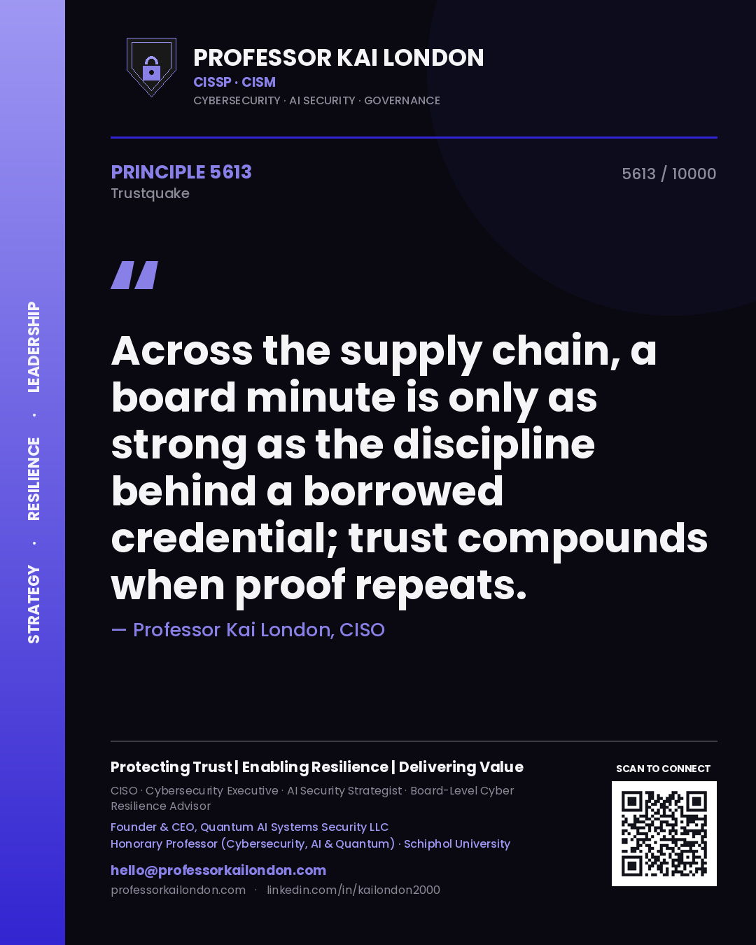 Professor Kai London principle 5613: Across the supply chain, a board minute is only as strong as the discipline behind a borrowed credential; trust compounds when proof repeats.