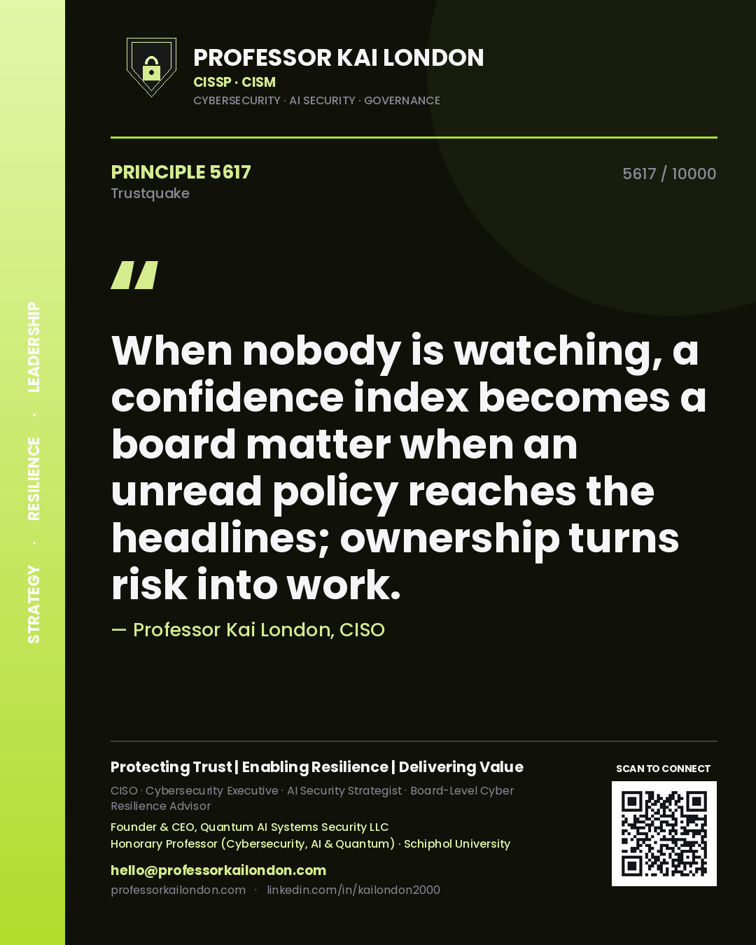 Quote card by Professor Kai London reading 'When nobody is watching, a confidence index becomes a board matter when an unread policy reaches the headlines; ownership turns risk into work.'. From the book Trustquake.