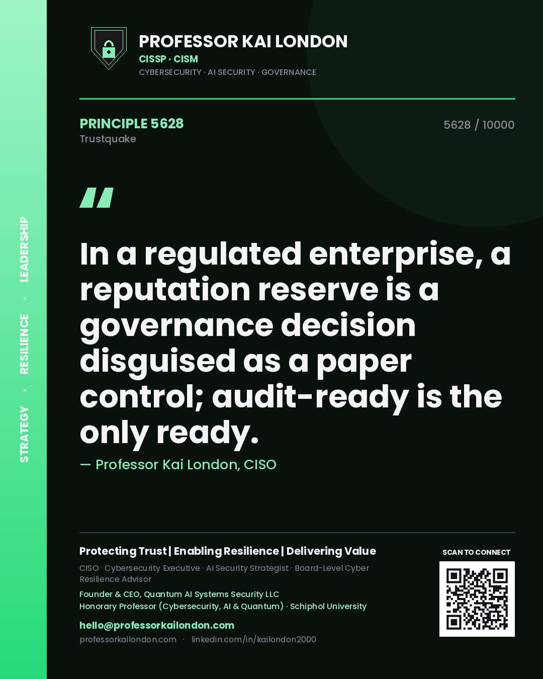 Quote card by Professor Kai London reading 'In a regulated enterprise, a reputation reserve is a governance decision disguised as a paper control; audit-ready is the only ready.'. From the book Trustquake.