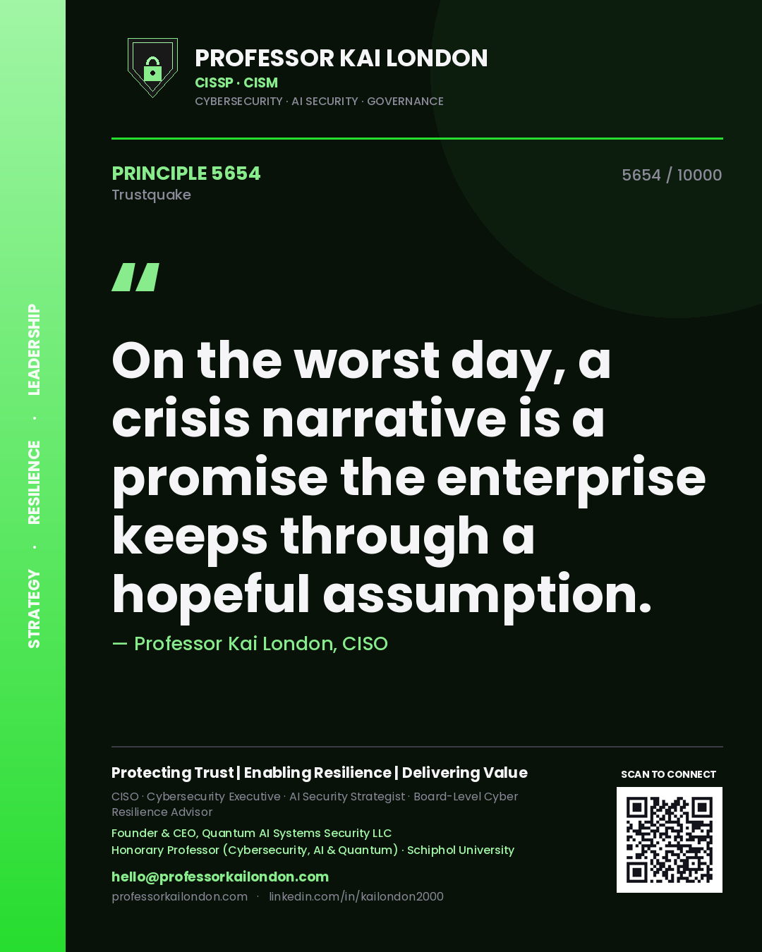 Quote card by Professor Kai London reading 'On the worst day, a crisis narrative is a promise the enterprise keeps through a hopeful assumption.'. From the book Trustquake.