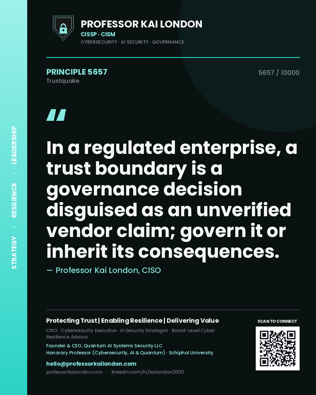 Quote card by Professor Kai London reading 'In a regulated enterprise, a trust boundary is a governance decision disguised as an unverified vendor claim; govern it or inherit its consequences.'. From the book Trustquake.