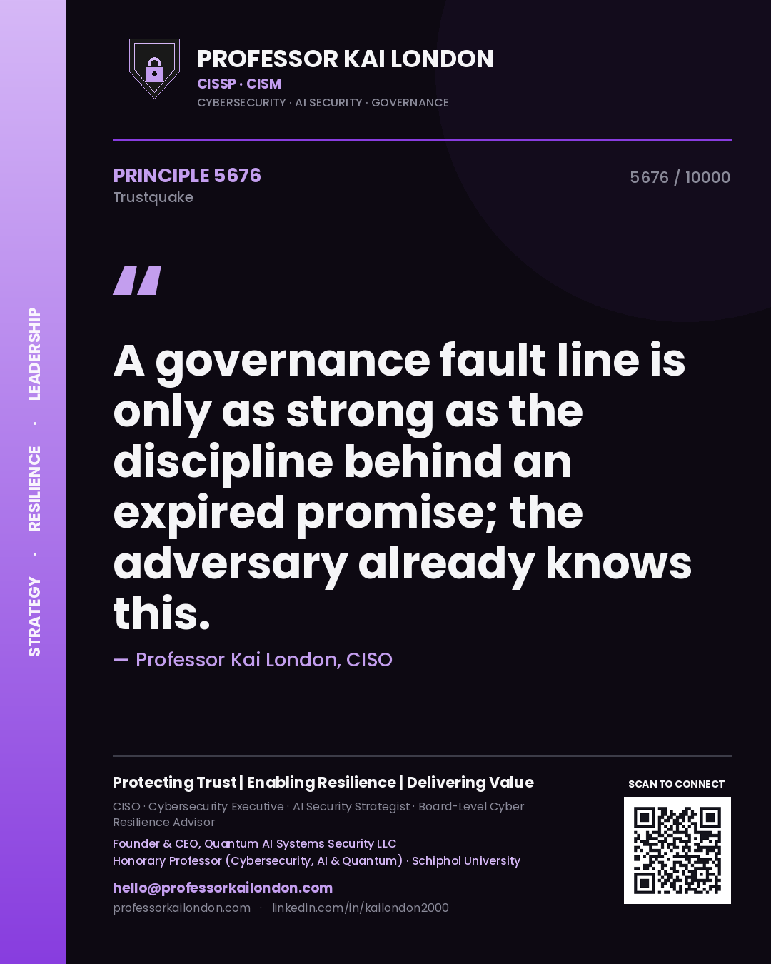 Quote card by Professor Kai London reading 'A governance fault line is only as strong as the discipline behind an expired promise; the adversary already knows this.'. From the book Trustquake.