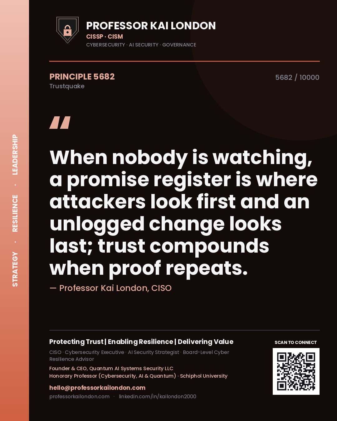 Professor Kai London principle 5682: When nobody is watching, a promise register is where attackers look first and an unlogged change looks last; trust compounds when proof repeats.