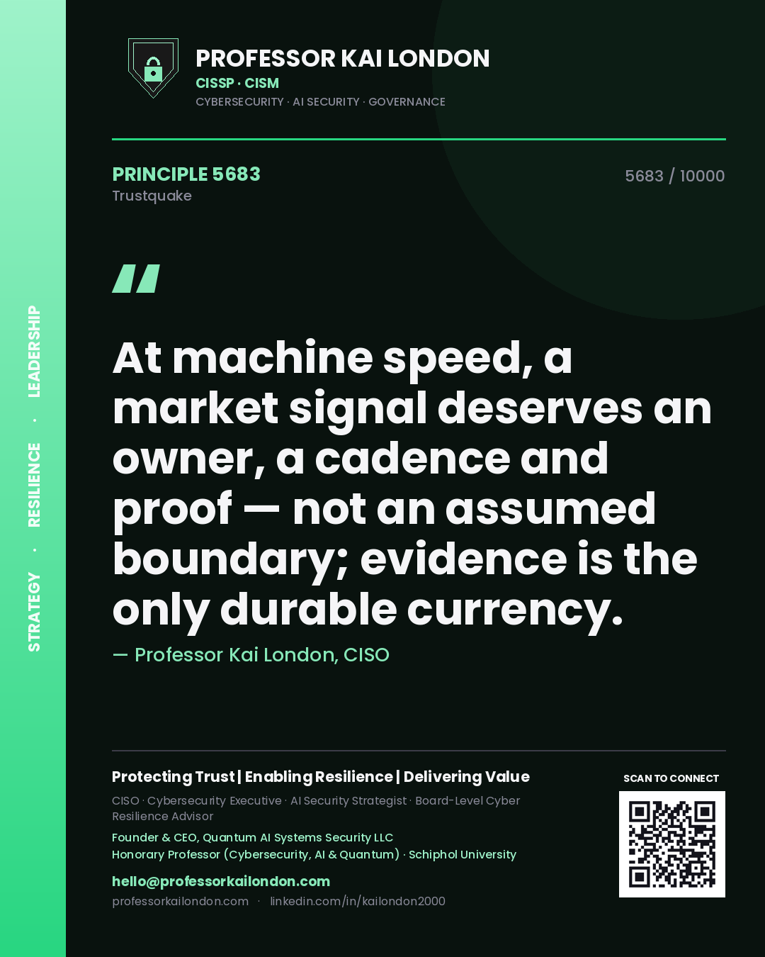 Professor Kai London principle 5683: At machine speed, a market signal deserves an owner, a cadence and proof — not an assumed boundary; evidence is the only durable currency.