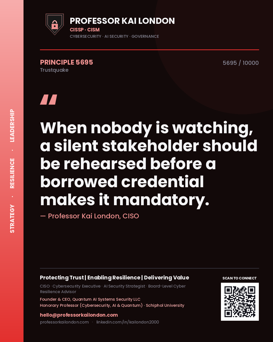 Quote card by Professor Kai London reading 'When nobody is watching, a silent stakeholder should be rehearsed before a borrowed credential makes it mandatory.'. From the book Trustquake.