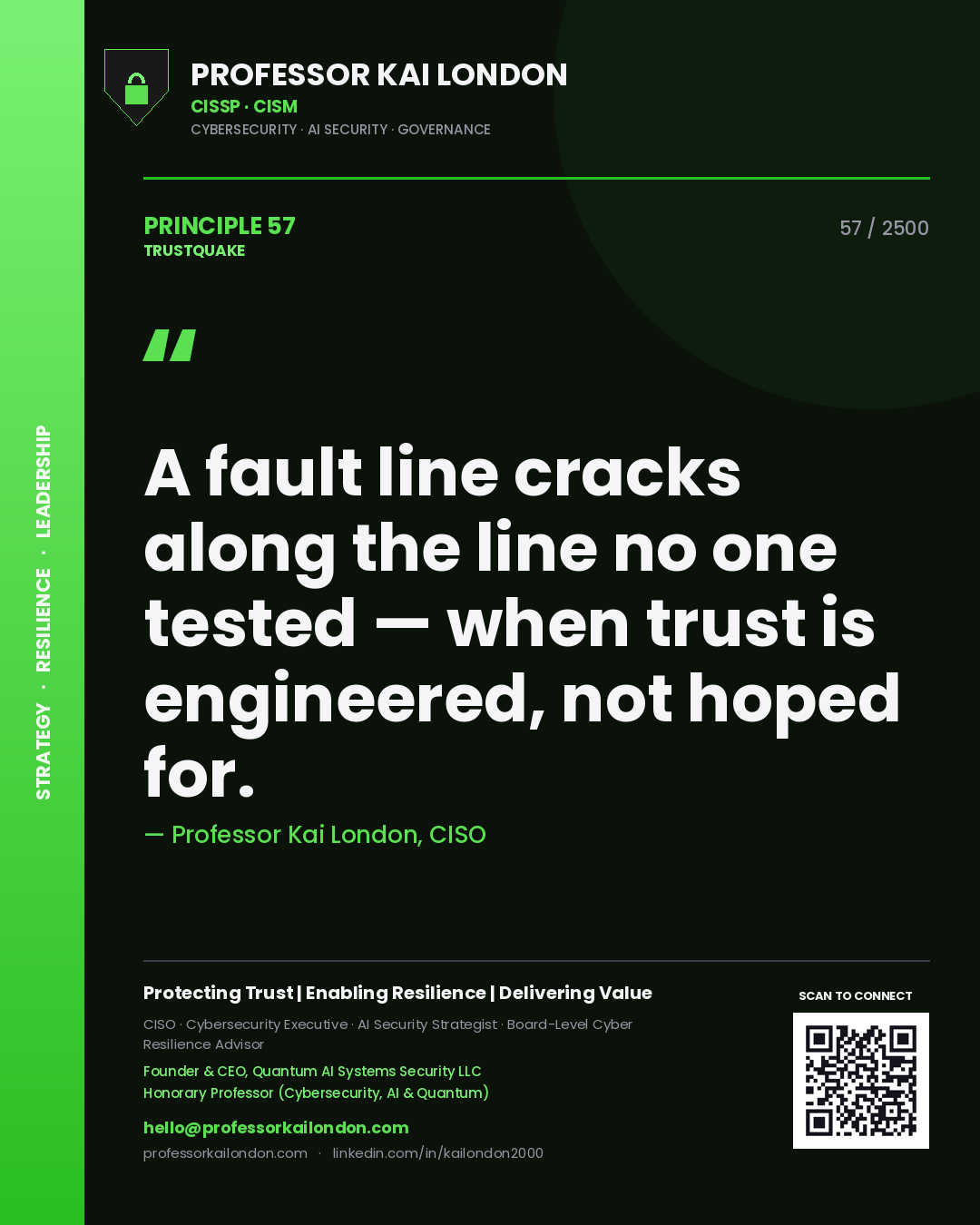 Quote card by Professor Kai London reading 'A fault line cracks along the line no one tested — when trust is engineered, not hoped for.'. From the book Trustquake.