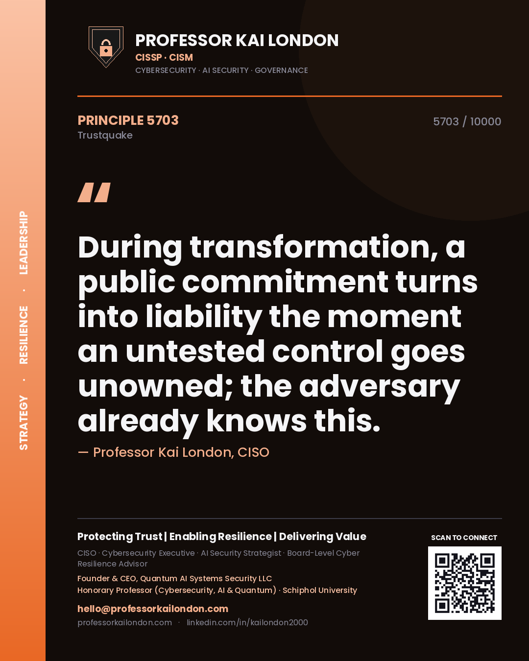 Quote card by Professor Kai London reading 'During transformation, a public commitment turns into liability the moment an untested control goes unowned; the adversary already knows this.'. From the book Trustquake.