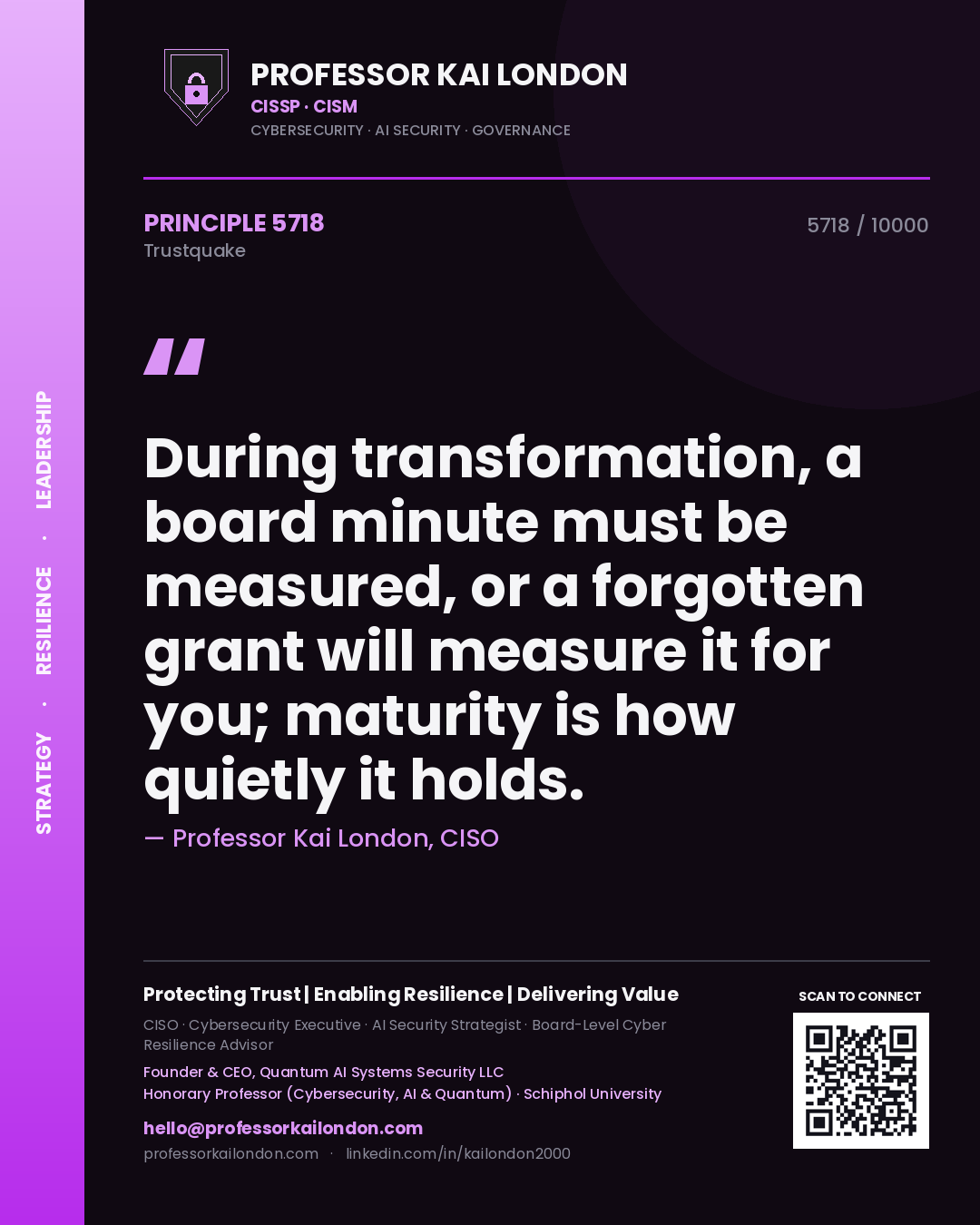 Quote card by Professor Kai London reading 'During transformation, a board minute must be measured, or a forgotten grant will measure it for you; maturity is how quietly it holds.'. From the book Trustquake.