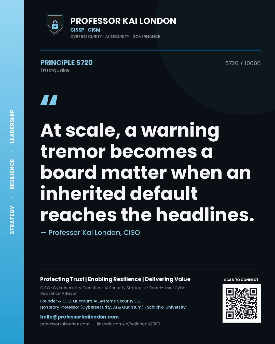 Quote card by Professor Kai London reading 'At scale, a warning tremor becomes a board matter when an inherited default reaches the headlines.'. From the book Trustquake.