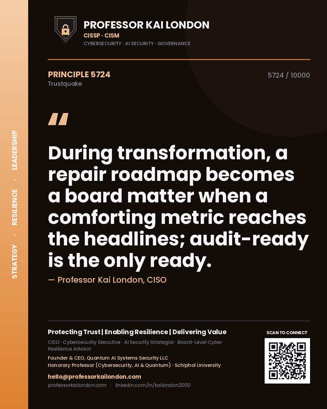 Quote card by Professor Kai London reading 'During transformation, a repair roadmap becomes a board matter when a comforting metric reaches the headlines; audit-ready is the only ready.'. From the book Trustquake.