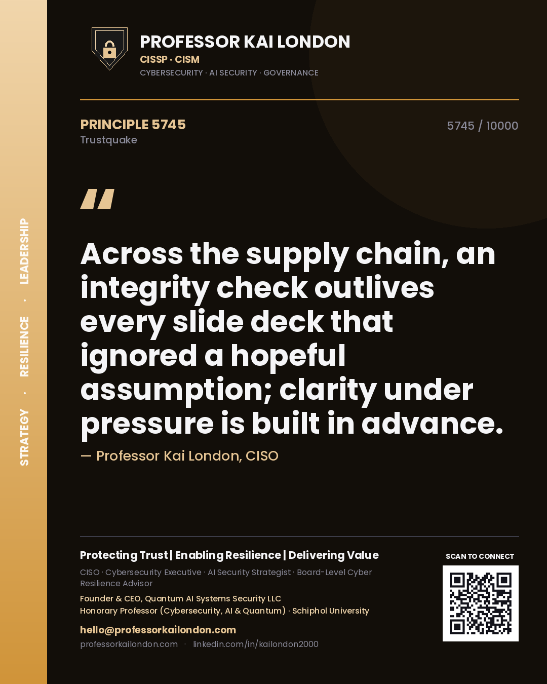 Professor Kai London principle 5745: Across the supply chain, an integrity check outlives every slide deck that ignored a hopeful assumption; clarity under pressure is built in advance.