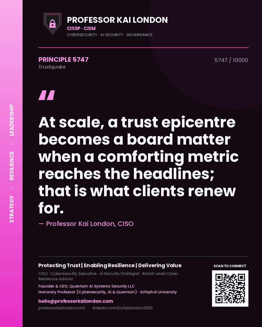Quote card by Professor Kai London reading 'At scale, a trust epicentre becomes a board matter when a comforting metric reaches the headlines; that is what clients renew for.'. From the book Trustquake.