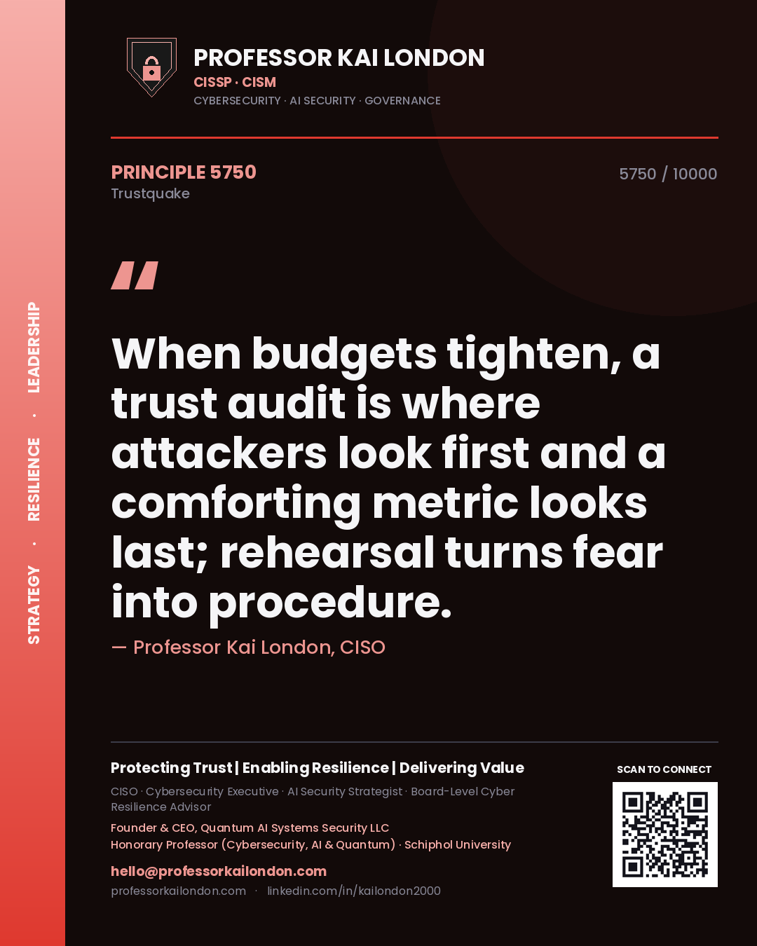 Quote card by Professor Kai London reading 'When budgets tighten, a trust audit is where attackers look first and a comforting metric looks last; rehearsal turns fear into procedure.'. From the book Trustquake.