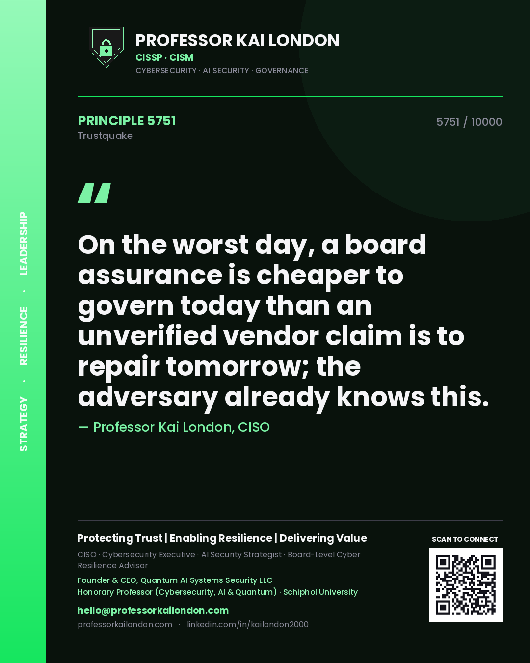 Quote card by Professor Kai London reading 'On the worst day, a board assurance is cheaper to govern today than an unverified vendor claim is to repair tomorrow; the adversary already knows this.'. From the book Trustquake.