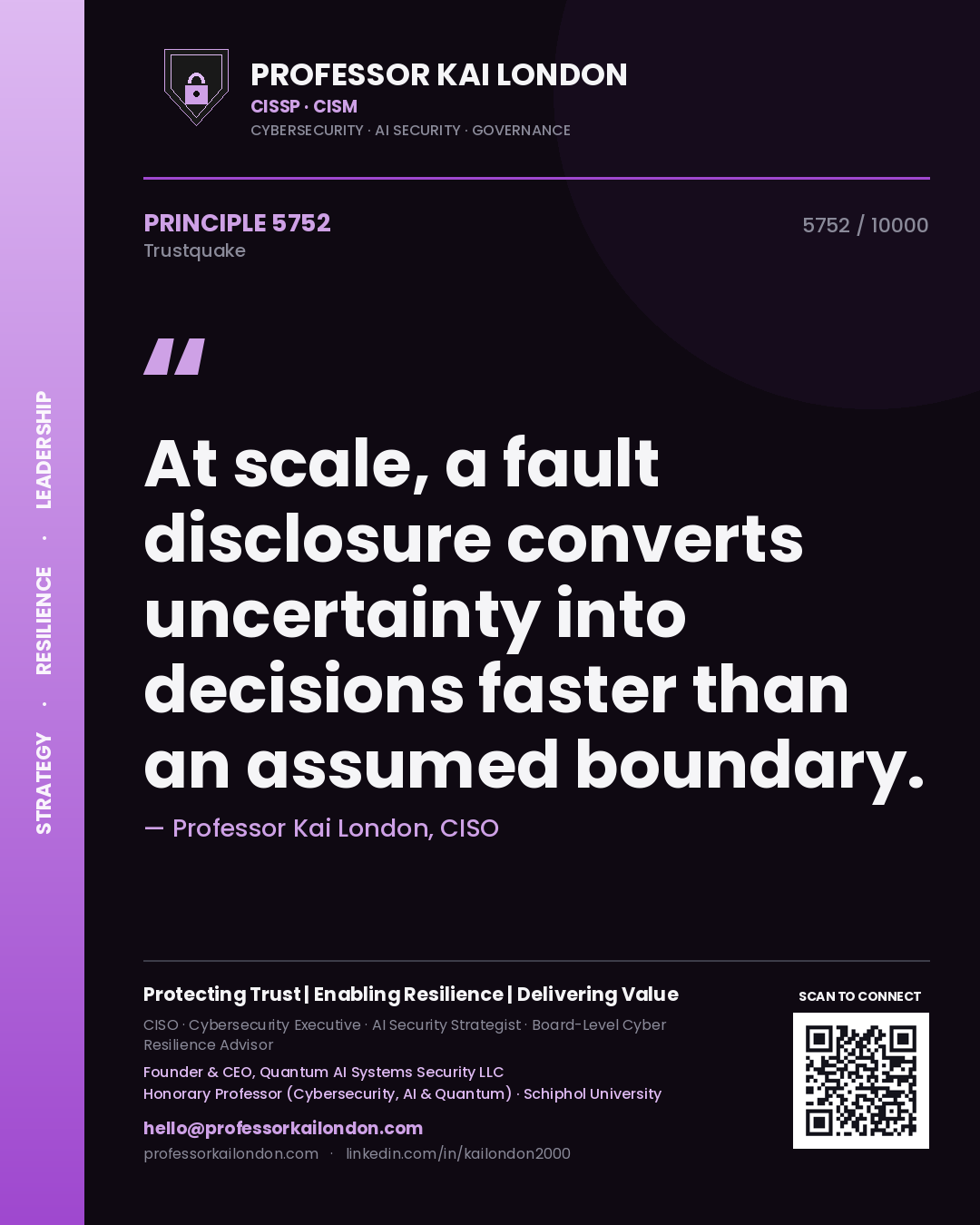 Quote card by Professor Kai London reading 'At scale, a fault disclosure converts uncertainty into decisions faster than an assumed boundary.'. From the book Trustquake.