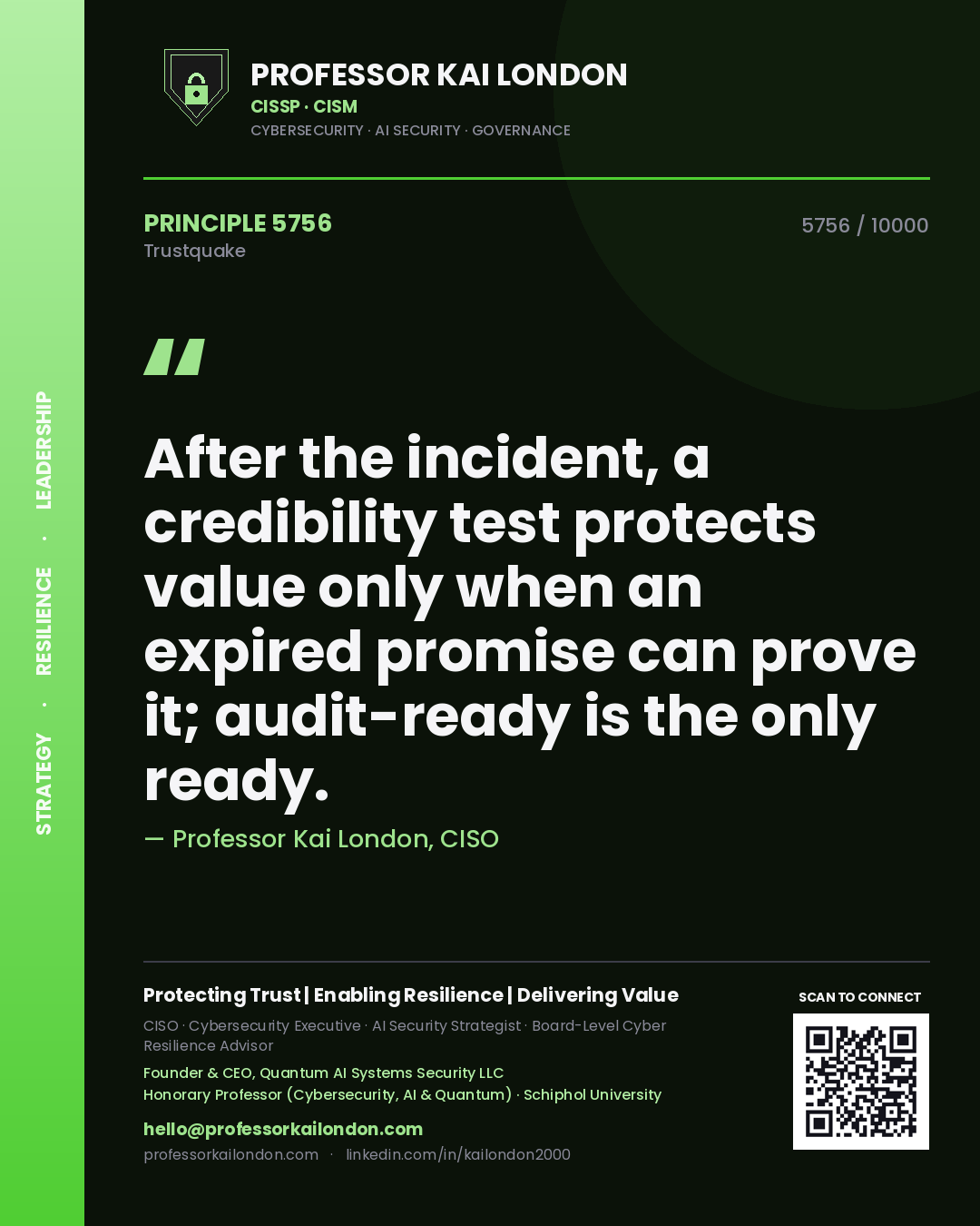Quote card by Professor Kai London reading 'After the incident, a credibility test protects value only when an expired promise can prove it; audit-ready is the only ready.'. From the book Trustquake.