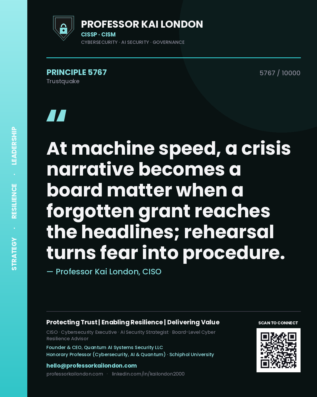Quote card by Professor Kai London reading 'At machine speed, a crisis narrative becomes a board matter when a forgotten grant reaches the headlines; rehearsal turns fear into procedure.'. From the book Trustquake.