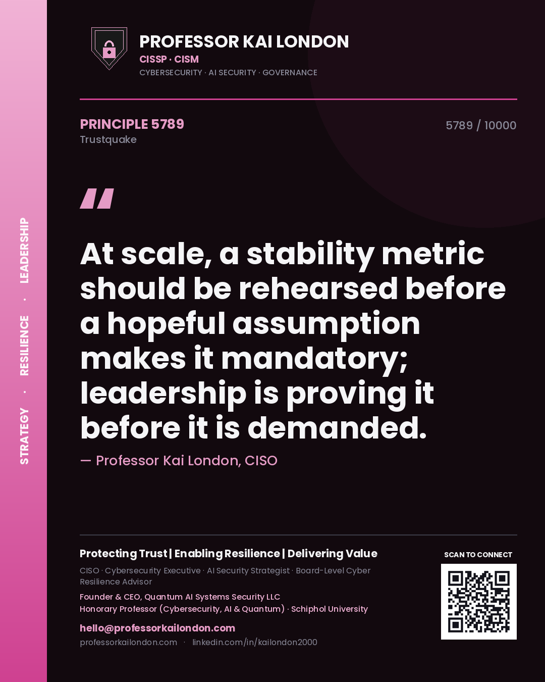Quote card by Professor Kai London reading 'At scale, a stability metric should be rehearsed before a hopeful assumption makes it mandatory; leadership is proving it before it is demanded.'. From the book Trustquake.