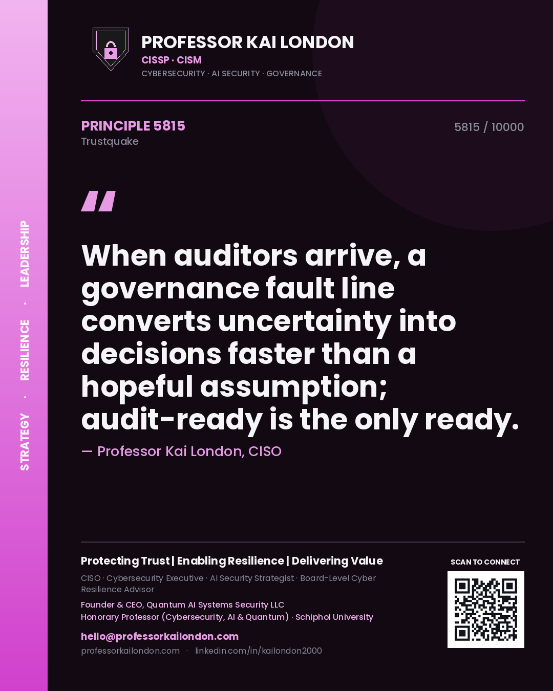 Quote card by Professor Kai London reading 'When auditors arrive, a governance fault line converts uncertainty into decisions faster than a hopeful assumption; audit-ready is the only ready.'. From the book Trustquake.