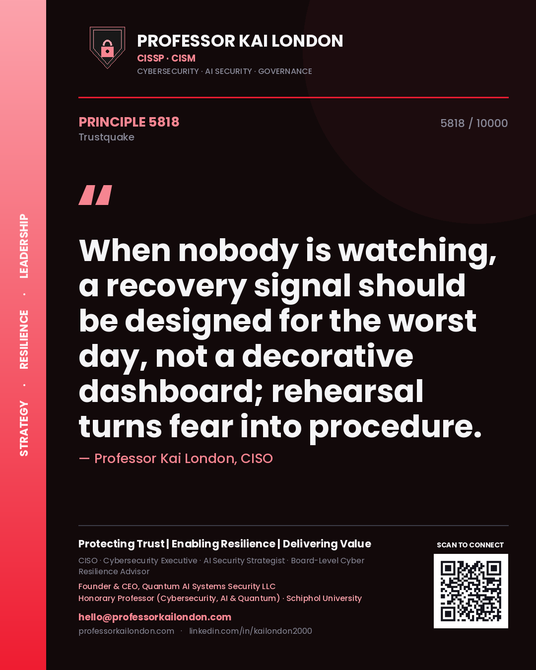 Professor Kai London principle 5818: When nobody is watching, a recovery signal should be designed for the worst day, not a decorative dashboard; rehearsal turns fear into procedure.
