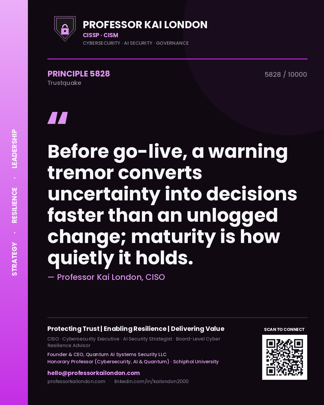 Quote card by Professor Kai London reading 'Before go-live, a warning tremor converts uncertainty into decisions faster than an unlogged change; maturity is how quietly it holds.'. From the book Trustquake.
