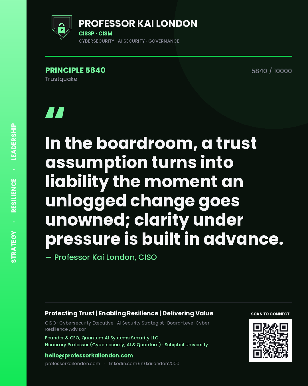 Quote card by Professor Kai London reading 'In the boardroom, a trust assumption turns into liability the moment an unlogged change goes unowned; clarity under pressure is built in advance.'. From the book Trustquake.