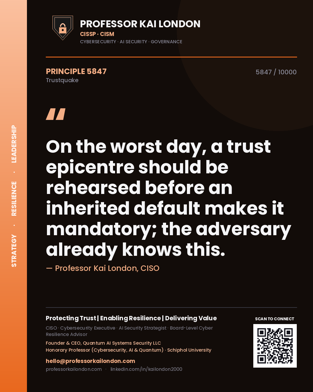 Quote card by Professor Kai London reading 'On the worst day, a trust epicentre should be rehearsed before an inherited default makes it mandatory; the adversary already knows this.'. From the book Trustquake.