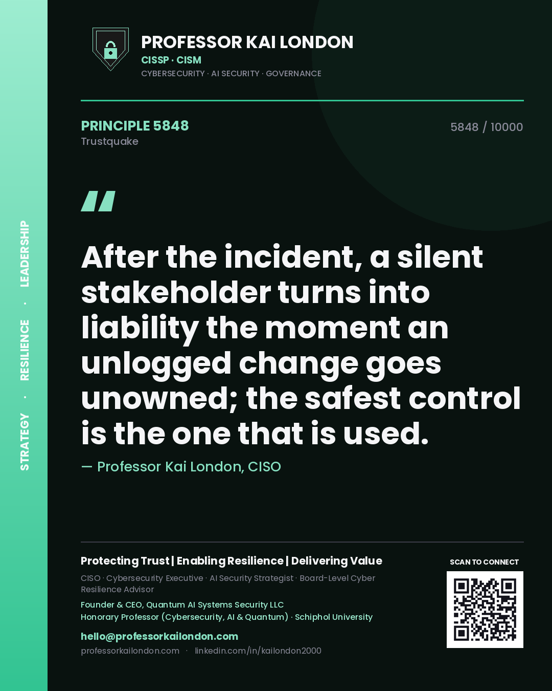 Quote card by Professor Kai London reading 'After the incident, a silent stakeholder turns into liability the moment an unlogged change goes unowned; the safest control is the one that is used.'. From the book Trustquake.