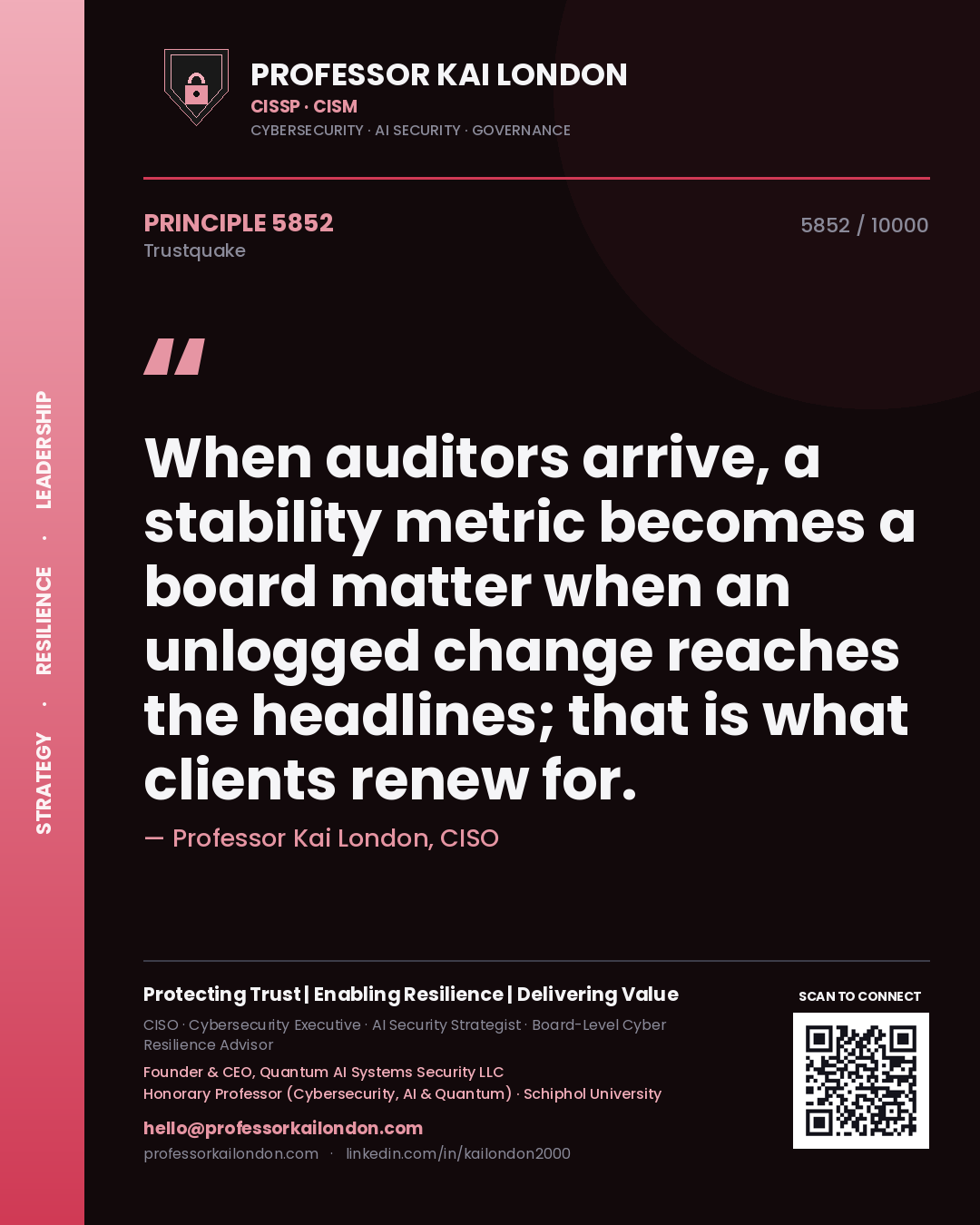 Quote card by Professor Kai London reading 'When auditors arrive, a stability metric becomes a board matter when an unlogged change reaches the headlines; that is what clients renew for.'. From the book Trustquake.