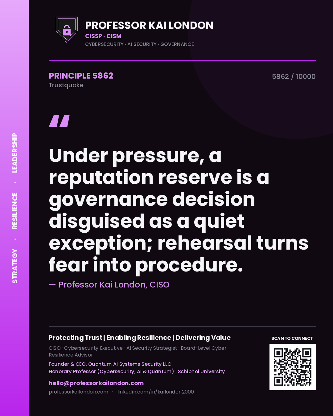Quote card by Professor Kai London reading 'Under pressure, a reputation reserve is a governance decision disguised as a quiet exception; rehearsal turns fear into procedure.'. From the book Trustquake.