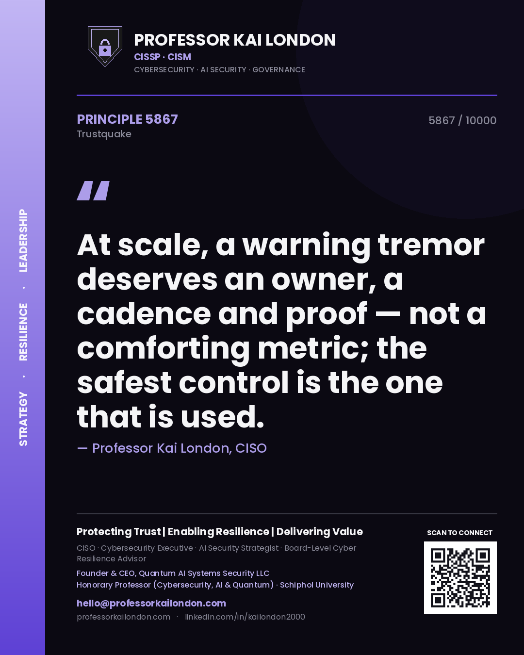 Quote card by Professor Kai London reading 'At scale, a warning tremor deserves an owner, a cadence and proof — not a comforting metric; the safest control is the one that is used.'. From the book Trustquake.