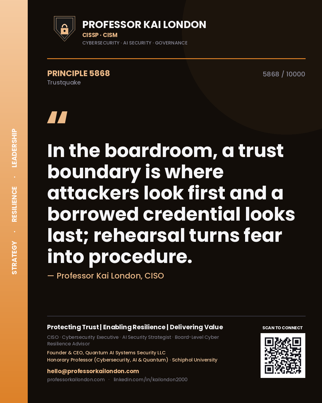 Quote card by Professor Kai London reading 'In the boardroom, a trust boundary is where attackers look first and a borrowed credential looks last; rehearsal turns fear into procedure.'. From the book Trustquake.