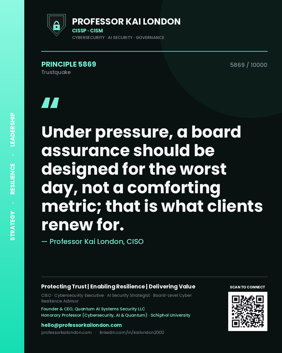 Quote card by Professor Kai London reading 'Under pressure, a board assurance should be designed for the worst day, not a comforting metric; that is what clients renew for.'. From the book Trustquake.