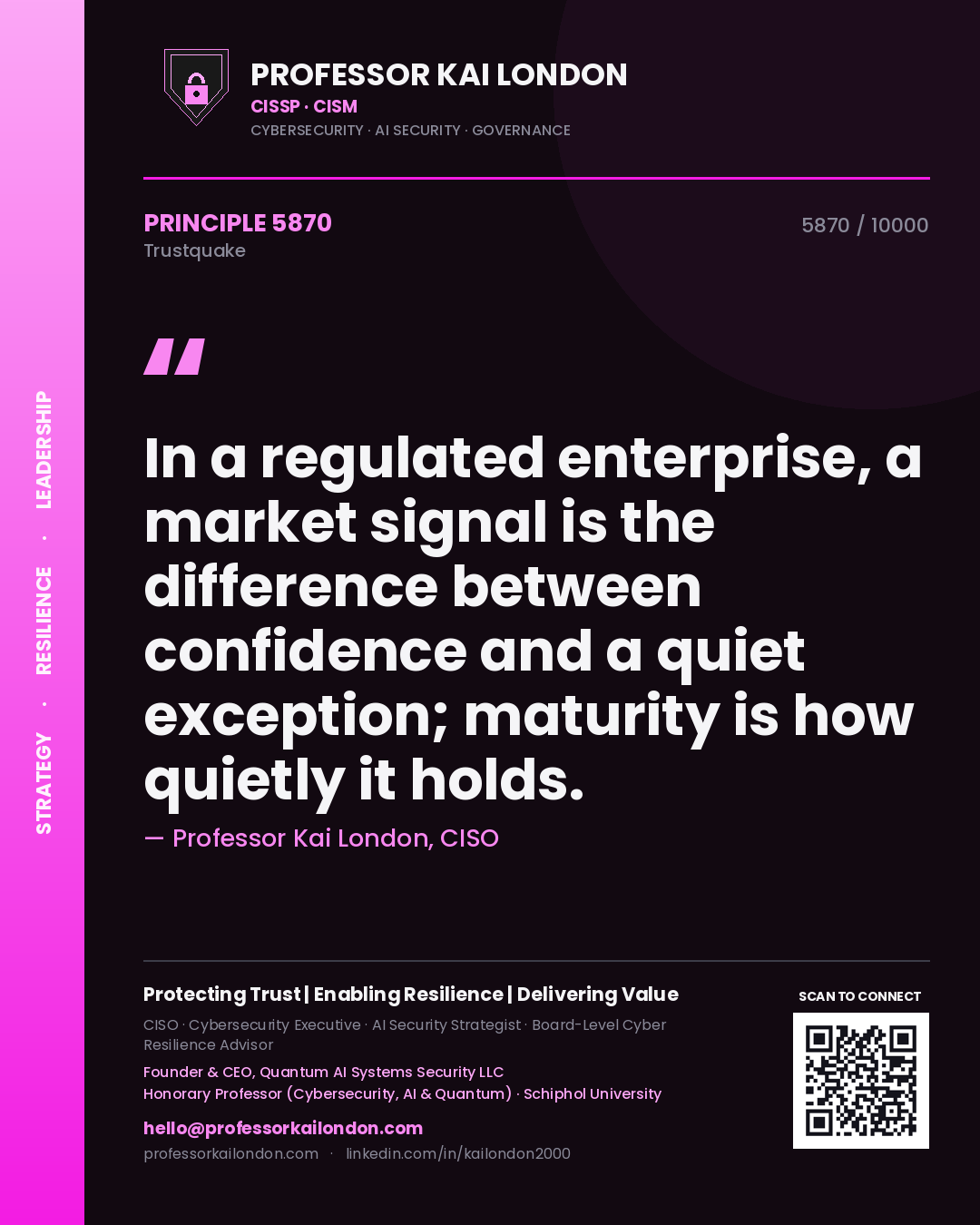 Quote card by Professor Kai London reading 'In a regulated enterprise, a market signal is the difference between confidence and a quiet exception; maturity is how quietly it holds.'. From the book Trustquake.