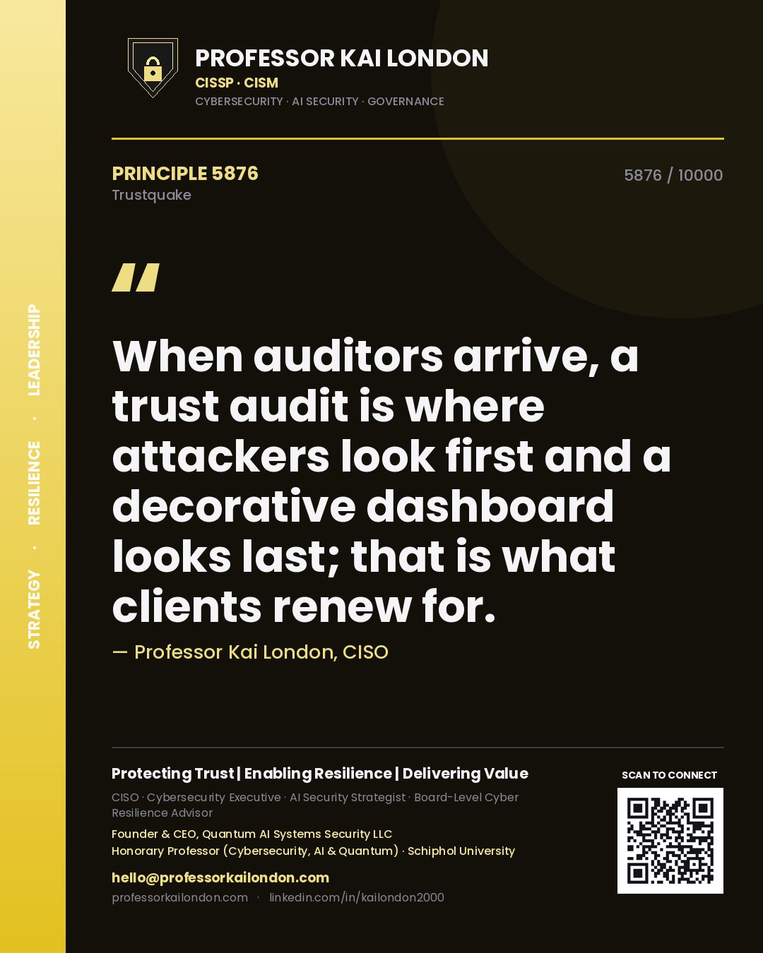 Professor Kai London principle 5876: When auditors arrive, a trust audit is where attackers look first and a decorative dashboard looks last; that is what clients renew for.