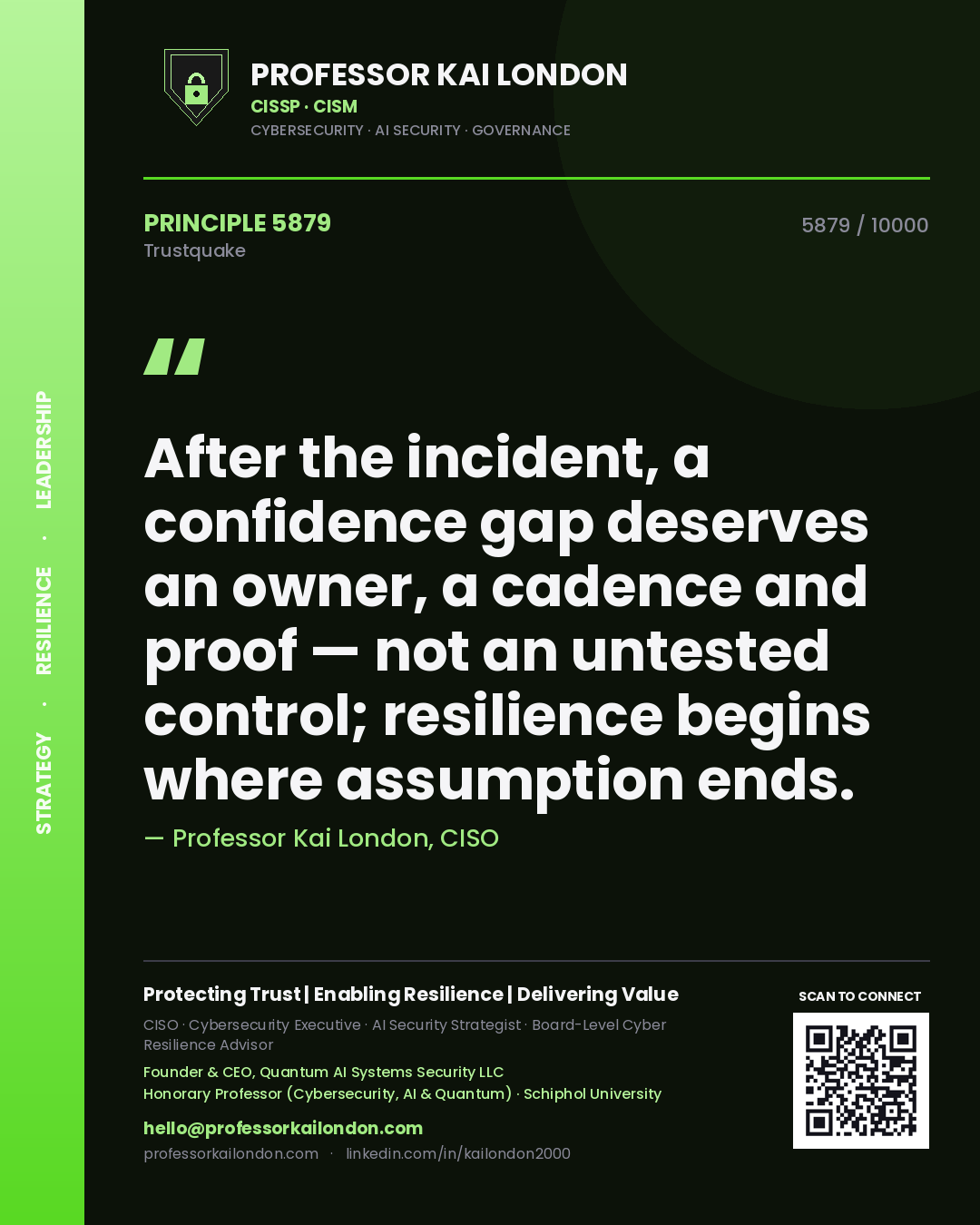 Quote card by Professor Kai London reading 'After the incident, a confidence gap deserves an owner, a cadence and proof — not an untested control; resilience begins where assumption ends.'. From the book Trustquake.