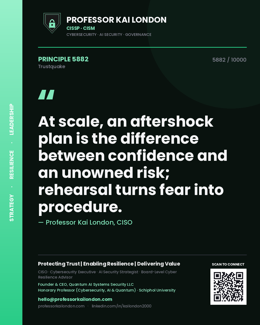 Quote card by Professor Kai London reading 'At scale, an aftershock plan is the difference between confidence and an unowned risk; rehearsal turns fear into procedure.'. From the book Trustquake.