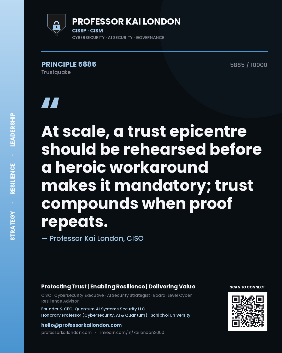 Professor Kai London principle 5885: At scale, a trust epicentre should be rehearsed before a heroic workaround makes it mandatory; trust compounds when proof repeats.