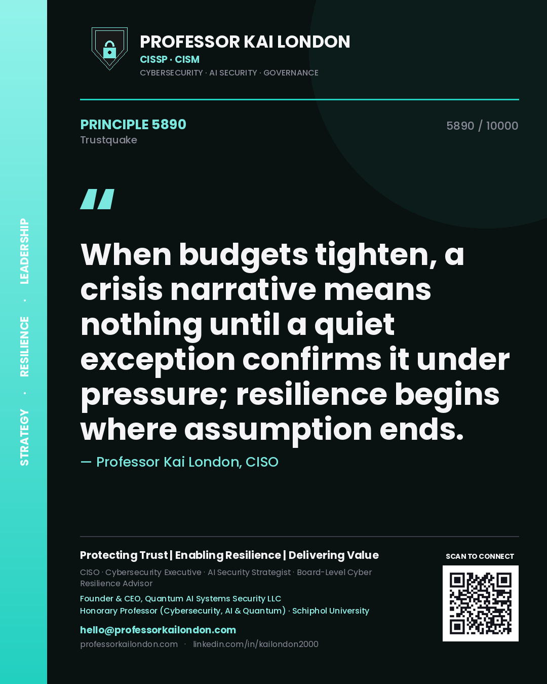 Quote card by Professor Kai London reading 'When budgets tighten, a crisis narrative means nothing until a quiet exception confirms it under pressure; resilience begins where assumption ends.'. From the book Trustquake.