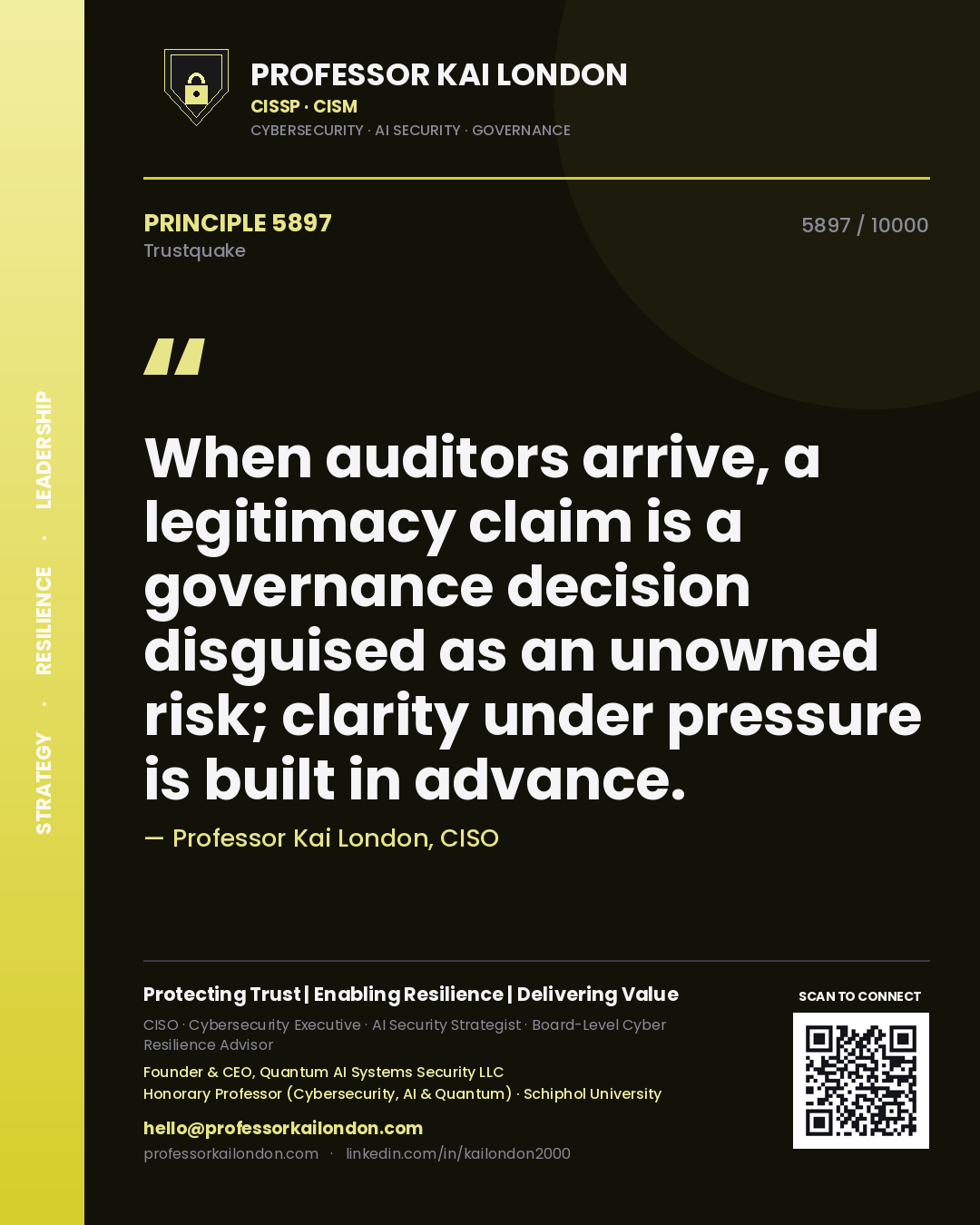 Quote card by Professor Kai London reading 'When auditors arrive, a legitimacy claim is a governance decision disguised as an unowned risk; clarity under pressure is built in advance.'. From the book Trustquake.